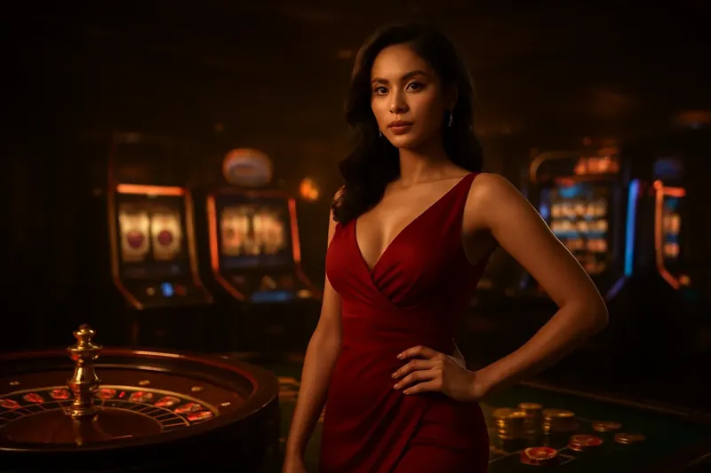 Elegant woman in red dress standing near roulette and slot machines in luxury Bangladeshi casino with neon accents
