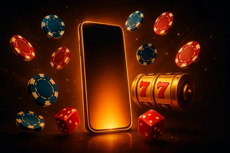 Glowing smartphone with casino chips, slot reels, and dice on dark gold background